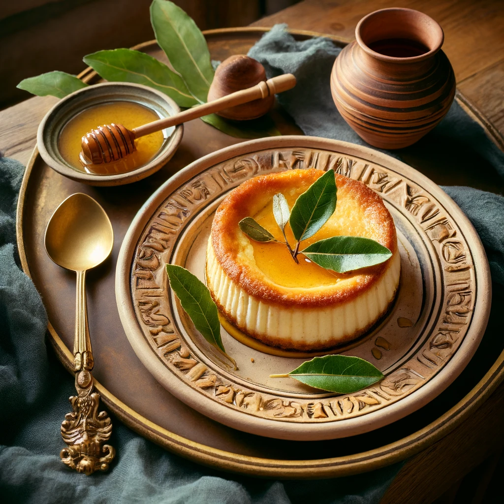 DALL·E 2024-04-23 07.49.56 - An ancient Roman-style cheesecake (Libum ...