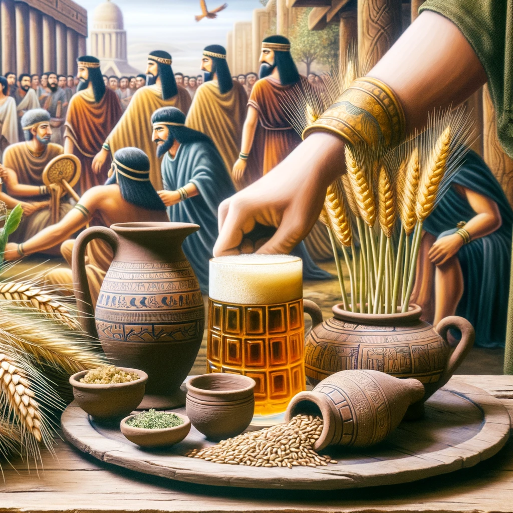 DALL·E 2024-04-23 07.55.23 - A depiction of ancient Sumerian beer being ...